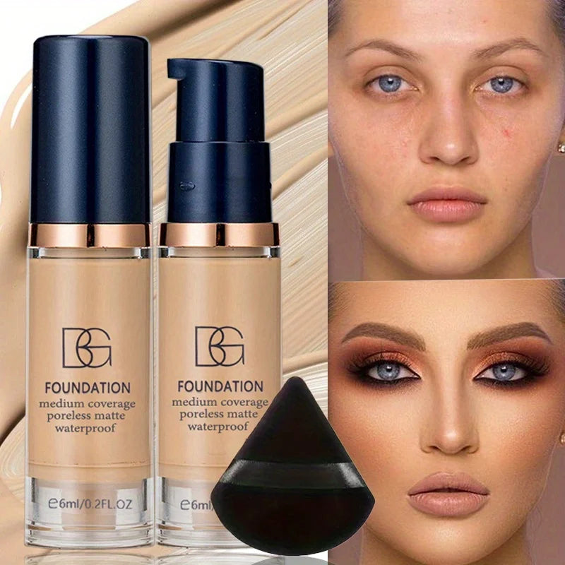 Fond de Teint Liquide Haute Couvrance ✨ Lot de 2 + Éponge - Waterproof & Longue Tenue